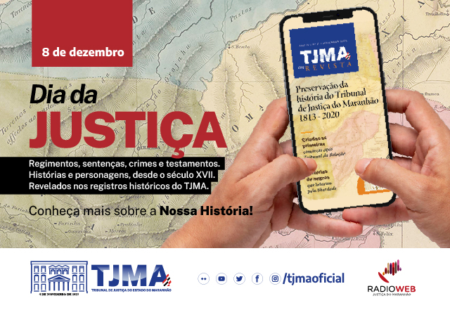 Mãos seguram um celular com a TJMA em Revista na tela. Alusão ao Dia da Justiça em 8 de dezembro.