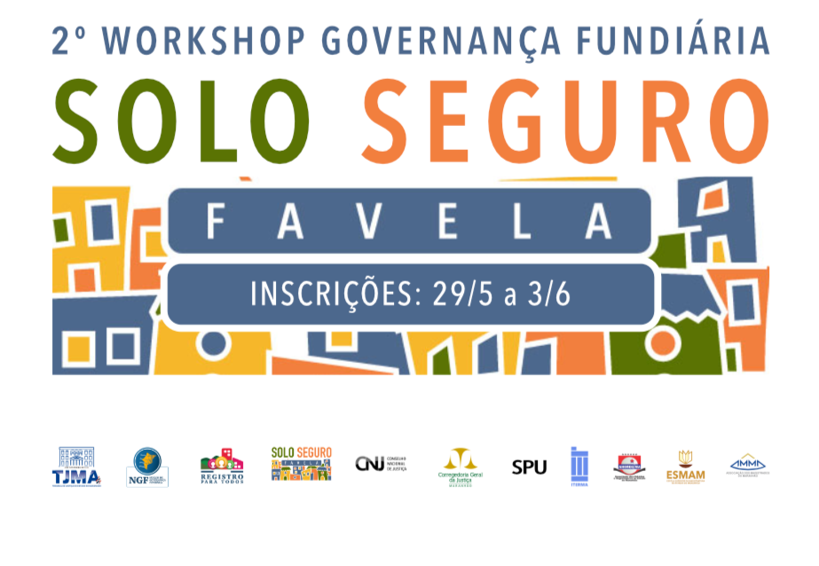 A imagem é um gráfico promocional para um evento. Ele apresenta o título ¿2º WORKSHOP GOVERNANÇA FUNDIÁRIA¿ em letras maiúsculas e em negrito na parte superior. Abaixo disso, em um tamanho de fonte maior, estão as palavras ¿SOLO SEGURO¿ e, em seguida, ¿FAVELA SÃO LUIS¿ em um tamanho de fonte ainda maior. Há uma faixa na parte inferior com o texto ¿INSCRIÇÕES: 29/5 a 3/6¿. O fundo é branco, com duas faixas curvas, uma verde e outra azul, acima e abaixo do texto central. Existem vários logotipos alinhados na parte inferior, presumivelmente de organizações patrocinadoras ou associadas ao evento. A imagem parece ser um anúncio para um workshop relacionado à governança fundiária e à posse segura da terra, especificamente para a Favela São Luis, com inscrições abertas de 29 de maio a 3 de junho. Essa imagem pode ser relevante ou interessante para pessoas interessadas em planejamento urbano, direitos à terra ou iniciativas sociais dentro de favelas.