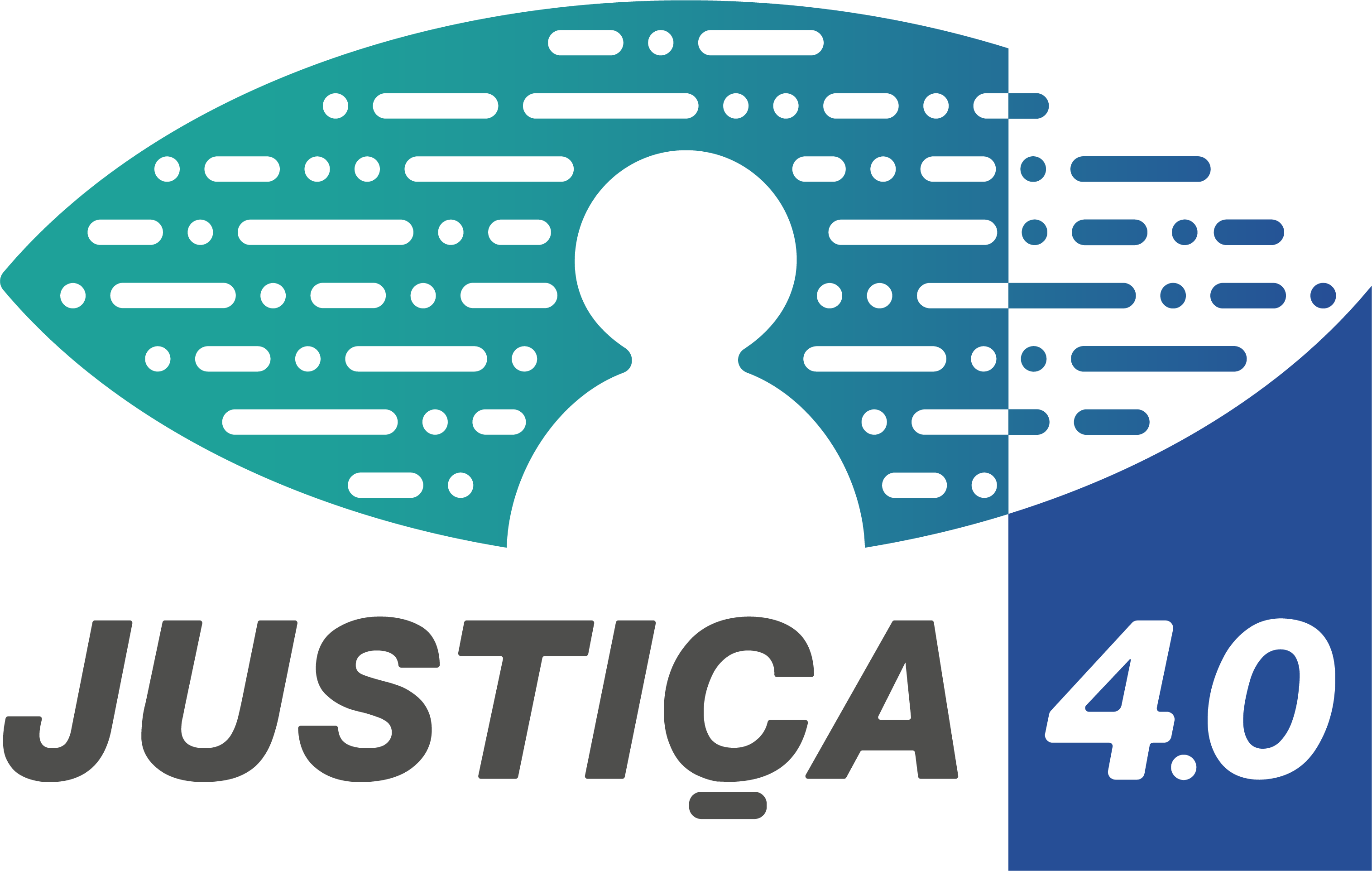 O logo apresenta o texto "JUSTIÇA 4.0" na parte inferior. No centro, há uma figura humana estilizada, rodeada por linhas horizontais e pontos, sugerindo uma conexão com tecnologia ou inovação. O fundo está dividido em duas cores: teal à esquerda e azul à direita. A palavra "JUSTIÇA" aparece em letras cinza e em negrito, enquanto "4.0" está em preto. Este design parece estar associado a uma iniciativa de modernização ou transformação digital na área da justiça, reforçado pelo termo "4.0", que remete à quarta revolução industrial. CNJ