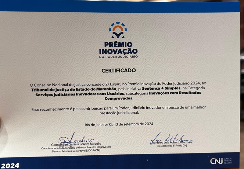 Certificado em papel reconhecendo o projeto do TJMA em segundo lugar em categoria do premio de inovação