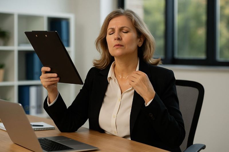 Imagem produzida por Inteligência Artificial de mulher com menopausa. A imagem mostra uma pessoa sentada em uma mesa de escritório, vestindo um blazer preto e uma camisa branca. Ela segura uma prancheta com uma das mãos e parece estar ajustando a gola da camisa com a outra. Na mesa, há um notebook aberto, um caderno e uma caneta. Ao fundo, uma estante com livros e pastas complementa a cena, e uma janela deixa entrever uma vista externa.