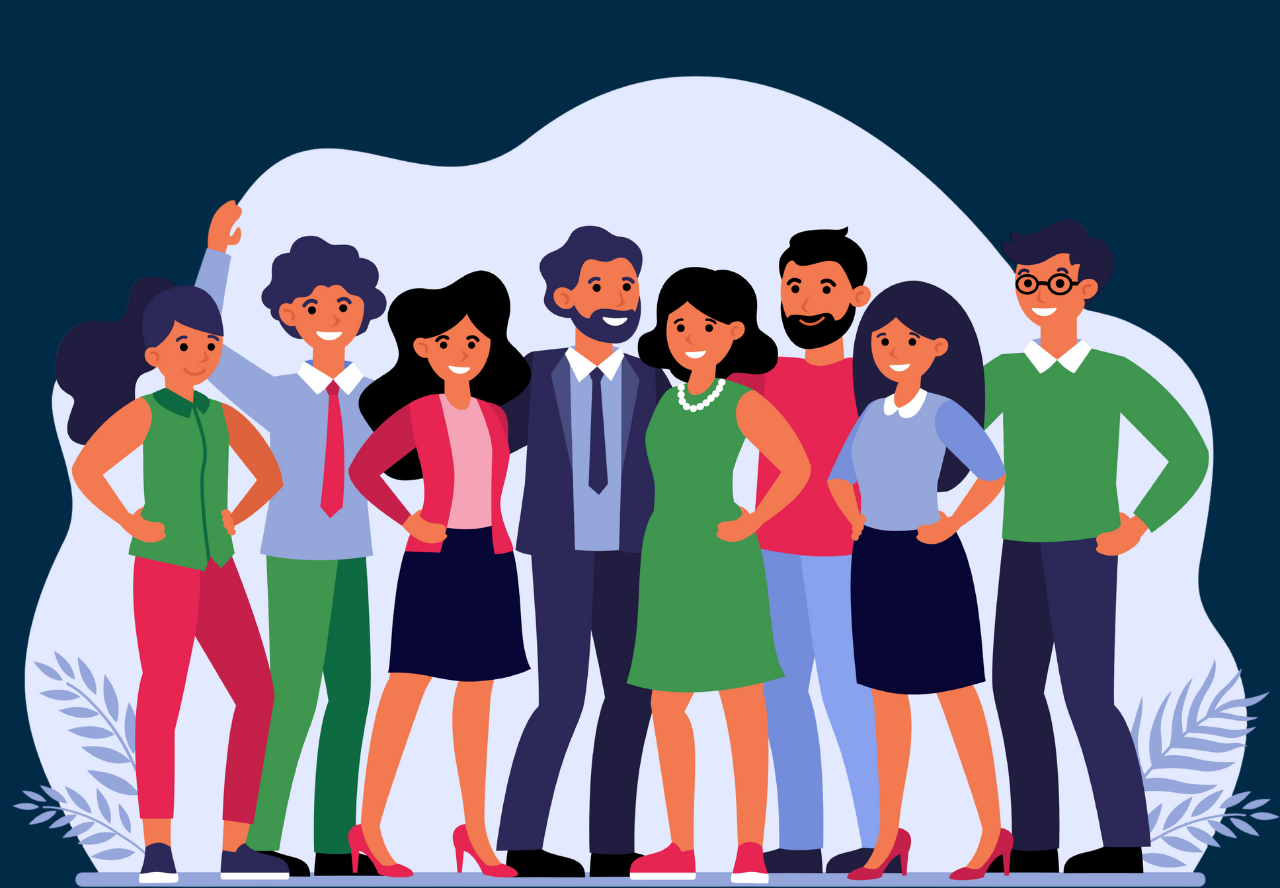 Ilustração colorida e alegre de um grupo diverso de oito pessoas em pé, alinhadas lado a lado, sorrindo e com expressões felizes. Todos estão em poses descontraídas e amigáveis, com as mãos na cintura ou nos ombros uns dos outros.

Da esquerda para a direita:

Mulher de cabelo preso em rabo de cavalo, usando blusa verde sem mangas, calça vermelha e tênis escuro.

Homem de cabelo cacheado, usando camisa azul clara, gravata vermelha e calça verde.

Mulher de cabelos longos e escuros, usando blusa rosa, casaquinho vermelho e saia azul-marinho com salto rosa.

Homem de barba e cabelos escuros, vestindo terno azul-marinho com gravata, aparentando ser o mais formal do grupo.

Mulher com vestido verde e colar de pérolas, com tênis rosa, encostada no homem de terno.

Homem de barba escura, vestindo camiseta vermelha e calça azul clara.

Mulher de cabelos longos e escuros, vestindo blusa azul clara com gola branca, saia azul e salto rosa.

Homem de óculos e cabelo penteado, com camisa branca e suéter verde, calça azul-marinho e sapatos pretos.

Ao fundo, há formas abstratas em azul claro e folhagens decorativas nos cantos inferiores. O clima da imagem transmite amizade, diversidade e trabalho em equipe.