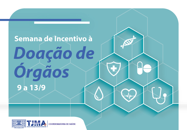 A imagem é um cartaz digital relacionado à conscientização sobre saúde, especificamente promovendo a doação de órgãos. O texto principal diz ¿Semana de Incentivo à Doação de Órgãos¿ e as datas ¿9 a 13/9¿. O fundo tem um padrão hexagonal com ícones representando diferentes órgãos e temas médicos, como uma hélice de DNA, um escudo com uma cruz, pílulas, uma gota de sangue, um coração e um estetoscópio. A paleta de cores inclui tons de azul e verde, frequentemente associados aos cuidados de saúde. No canto inferior esquerdo, há o logotipo da TIMA - Coordenadoria de Saúde, indicando a organização responsável por esta campanha.

Esta imagem é interessante porque representa um esforço para aumentar a conscientização sobre a doação de órgãos, uma importante iniciativa de saúde pública que pode salvar vidas.