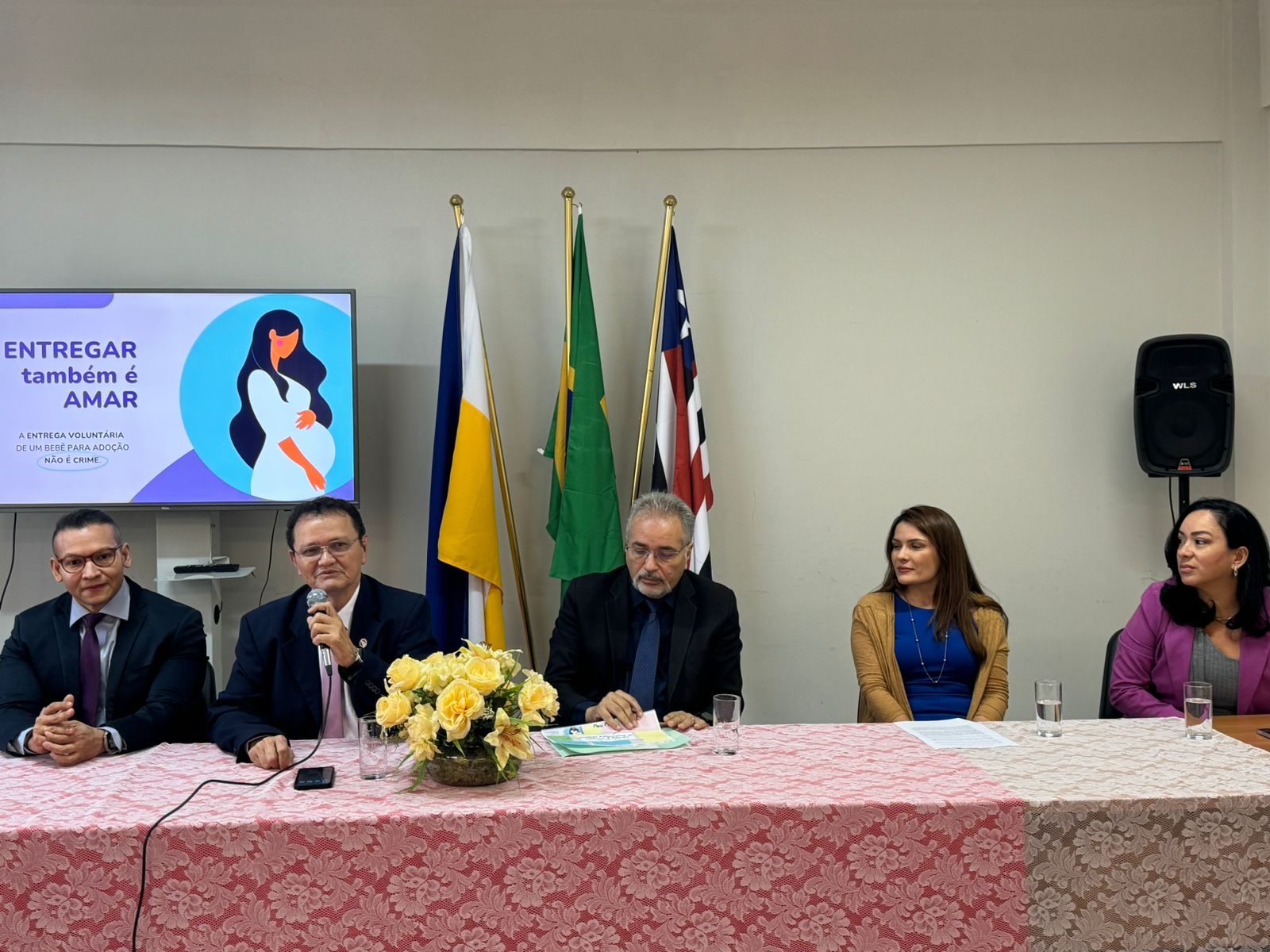 A imagem mostra um ambiente de conferência com seis pessoas sentadas atrás de uma mesa coberta com uma toalha rosa. Ao fundo, há três bandeiras verticais e uma tela de apresentação exibindo uma ilustração de uma mulher e algum texto em português. Um buquê de flores amarelas está colocado sobre a mesa na frente das pessoas. Este cenário parece ser para um evento oficial ou formal, possivelmente relacionado ao conteúdo exibido na tela.