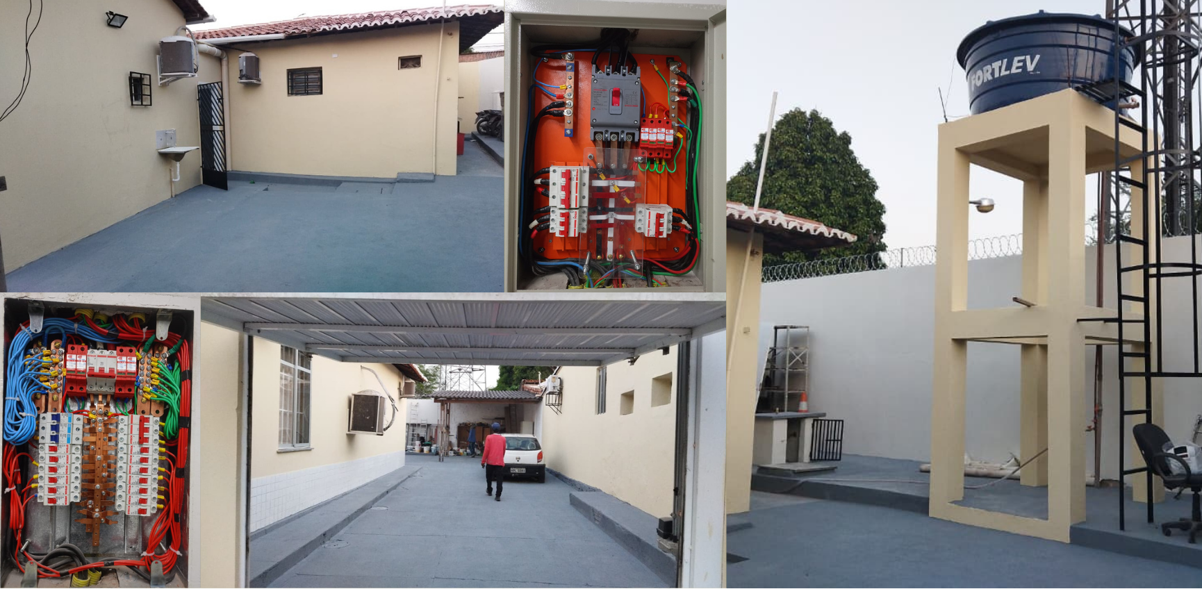 Montagem com quatro imagens que registram a conclusão dos serviços de manutenção no Fórum de Urbano Santos. Na imagem maior, vê-se o pátio interno da unidade, com piso cinza, paredes recém-pintadas e aparelhos de ar-condicionado instalados. Nas duas imagens menores, em destaque, aparecem os novos quadros de distribuição elétrica, com fiação colorida organizada e dispositivos de proteção. Na quarta imagem, observa-se a área externa com reservatório de água elevado da marca Fortlev e parte da estrutura metálica da torre de comunicação, evidenciando a conservação geral das instalações.