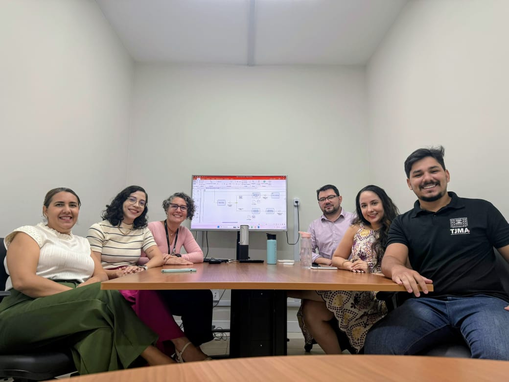 A imagem mostra seis pessoas sentadas em volta de uma mesa de reunião em uma sala de escritório. A sala é de cor creme, com uma mesa retangular de madeira. Ao fundo, uma tela de monitor exibe um fluxograma.

Da esquerda para a direita, as pessoas são:

Uma mulher com blusa branca de renda e calça verde-escura. Ela tem cabelos castanhos presos e sorri para a câmera.

Uma mulher com blusa de listras bege e brancas, óculos de grau e cabelo encaracolado na altura dos ombros. Ela também sorri.

Uma mulher de blusa rosa-claro, com cabelo grisalho, curto e encaracolado. Ela usa óculos de grau e sorri.

Um homem de camisa social rosa-clara, óculos de grau e barba. Ele está sentado atrás das outras pessoas e sorri discretamente.

Uma mulher com um vestido estampado floral, cabelos longos e lisos, e um sorriso largo.

Um homem com uma camiseta preta com a escrita "TJMA" em branco, calça jeans escura e um grande sorriso. Ele está na ponta da mesa, mais próximo à câmera.