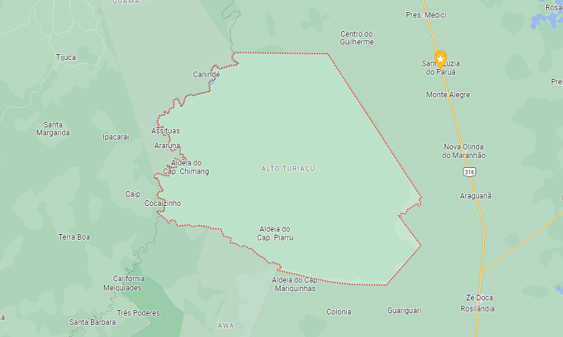 imagem de uma mapa da reserva indigena alto turiacu do aplicativo google maps