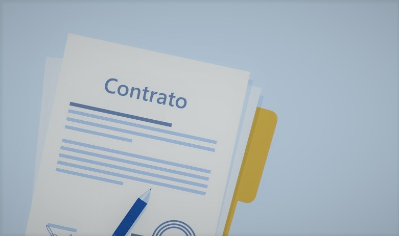 ilustração na qual aparece o desenho de uma folha de papel com o nome CONTRATO escrito