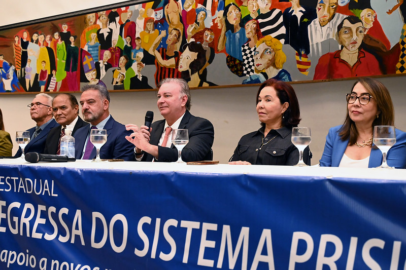 A imagem mostra um grupo de autoridades sentadas em uma mesa longa com um banner na frente. O banner exibe o texto ¿Seminário Estadual sobre Política de Atenção à Pessoa Egressa do Sistema Prisional¿ e ¿Qualificação da porta de saída e apoio a novos projetos de vida¿. Acima deles, há uma tela grande exibindo várias pinturas de pessoas envolvidas em diferentes atividades. O ambiente parece ser um evento formal ou conferência, focado na reabilitação e apoio para indivíduos que estão saindo do sistema prisional. O desembargador Froz Sobrinho está falando.