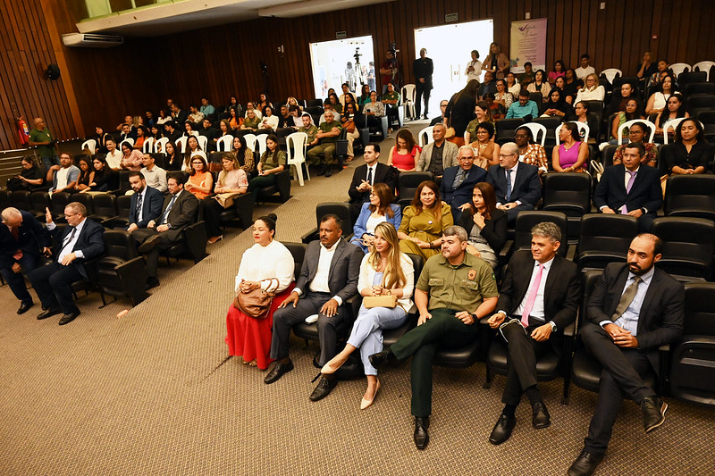 Foto de auditório com carpete cinza e poltronas pretas. A maior parte dos lugares está ocupada com pessoas vestidas formalmente e algumas com farda de forças de segurança