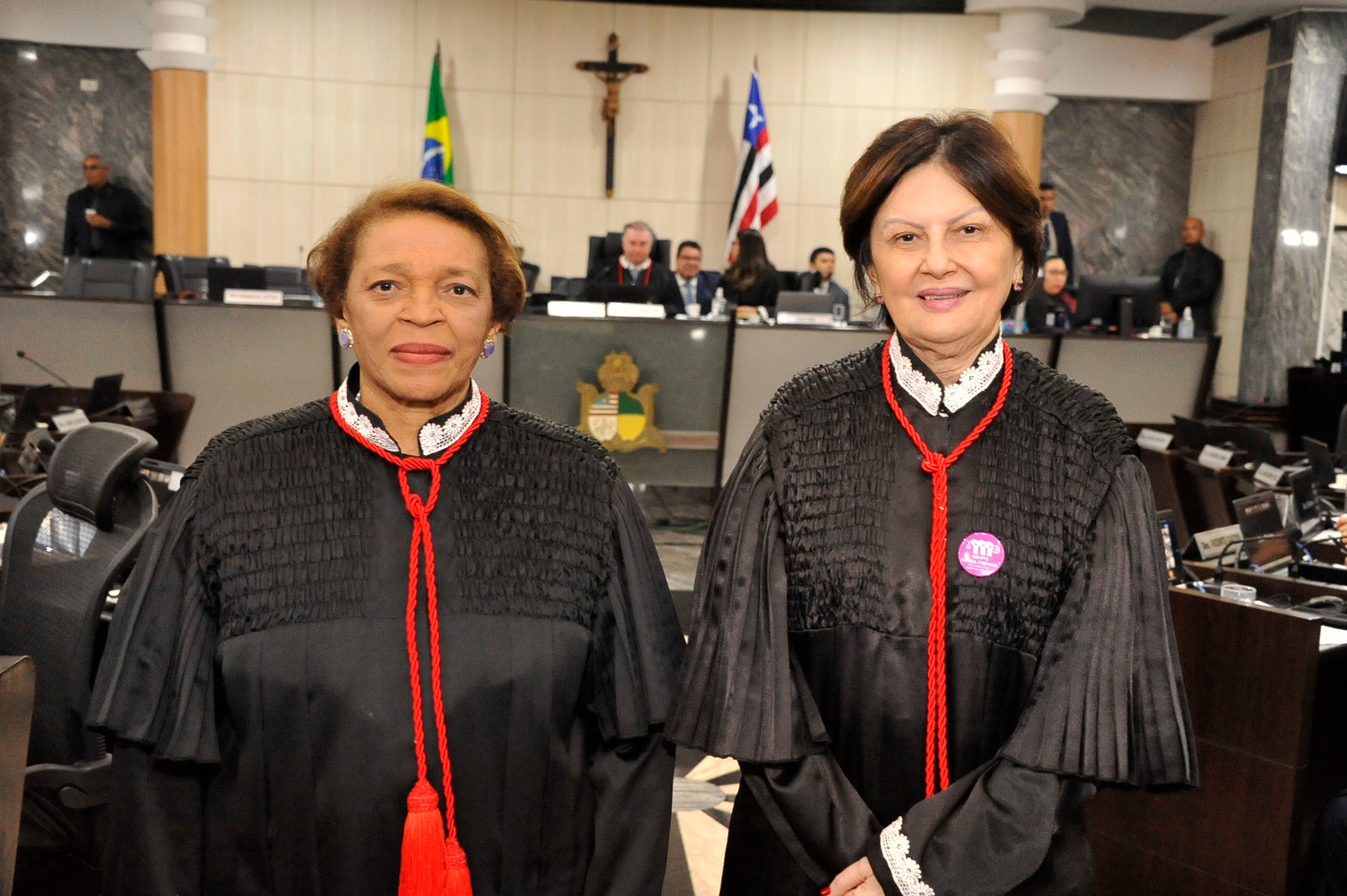 Foto colorida de duas desembargadoras de toga, em pé, de undo para a sessão onde o presidente, desembargador Froz está numa mesa no centro falando sentado