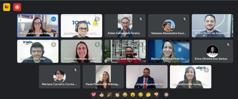 A imagem mostra uma captura de tela de uma reunião virtual com 14 participantes. Cada participante é representado por um retângulo separado contendo sua transmissão de vídeo, com alguns mostrando indivíduos e outros exibindo logotipos ou ícones. Os nomes dos participantes estão visíveis abaixo de suas respectivas transmissões de vídeo. A interface sugere que seja uma reunião no Zoom, indicada pelos controles na parte inferior e pelo layout dos painéis de vídeo