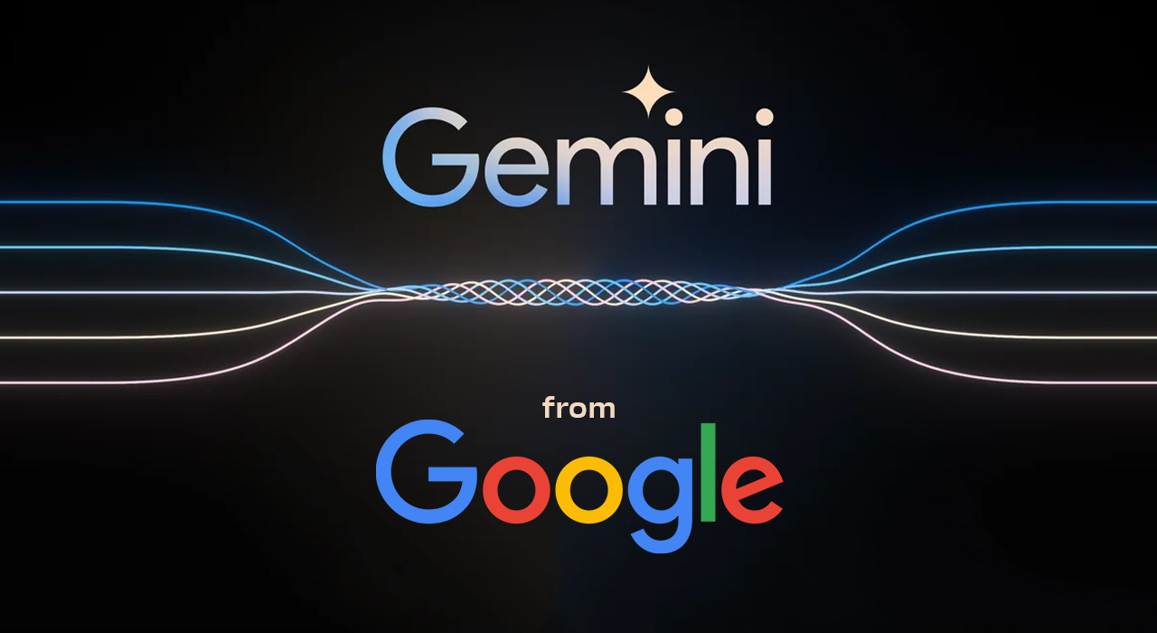 Imagem em fundo preto. Nome Gemini em degradê de azul e cinza ao centro, na parte superior. Ao meio, linhas contínuas paralelas se convergem ao centro e se divergem nas laterais. Texto: From Google, com letras azul, vermelho, amarelo e verde.