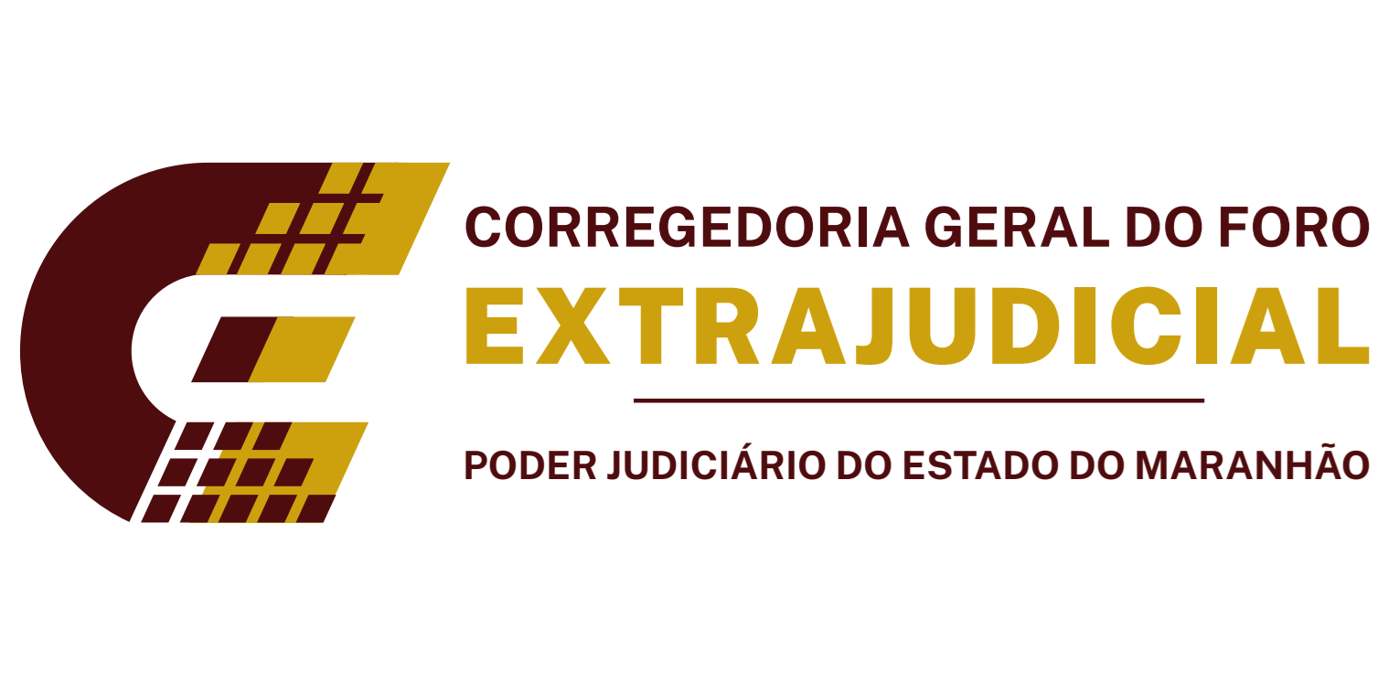 Imagem horizontal, colorida, de logotipo composto por elementos gráficos e texto. À esquerda, há uma letra ¿G¿ estilizada em um grande formato, colorida em tons de vermelho e amarelo, com linhas amarelas em forma de grade dentro da letra. À direita do ¿G¿, o texto diz ¿CORREGEDORIA GERAL DO FORO EXTRAJUDICIAL¿ em letras maiúsculas, com ¿EXTRAJUDICIAL¿ sendo mais proeminente devido ao seu tamanho maior e tipo de letra em negrito. Abaixo deste texto, há outra linha que diz ¿PODER JUDICIÁRIO DO ESTADO DO MARANHÃO,¿ também em letras maiúsculas, mas menores que o texto anterior.