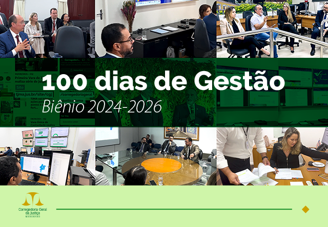 A imagem é uma colagem de várias fotografias e elementos de texto. O destaque central é um texto grande e em negrito que diz ¿100 dias de Gestão Biênio 2024-2026.¿ Isso sugere um relatório ou celebração dos 100 dias de gestão para o biênio 2024-2026. Ao redor desse texto central, há várias fotografias que mostram ambientes profissionais: pessoas em trajes de negócios sentadas ao redor de uma mesa em uma reunião, uma pessoa apresentando para um grupo em um ambiente de escritório, e closes de indivíduos trabalhando em computadores, sugerindo produtividade ou trabalho administrativo. Há também um emblema no canto inferior esquerdo que parece estar relacionado à organização envolvida, com um texto que é muito pequeno para ser lido claramente. A imagem transmite informações sobre um marco da organização e inclui cenas do que poderiam ser suas operações diárias ou reuniões significativas.
