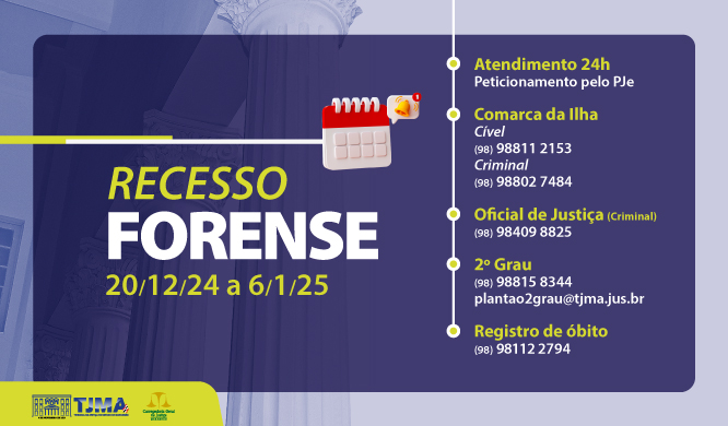 Card de fundo azulanil escrito em letras grandes em branco e amarelo Recesso Forense com os contatos