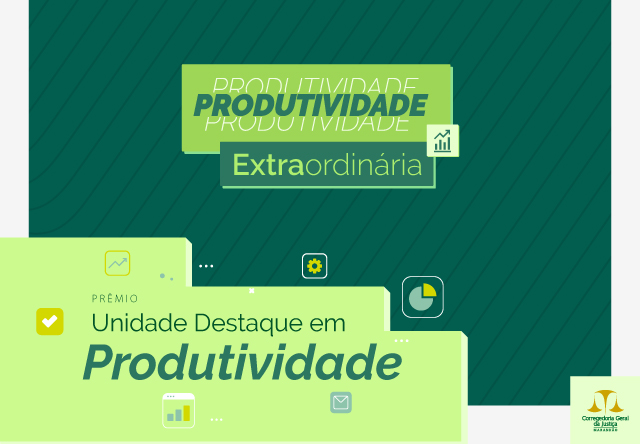 A imagem mostra um design gráfico em tons de verde com texto e ícones que sugerem ser um certificado de reconhecimento ou prêmio. O texto central e maior diz ¿PRODUTIVIDADE Extraordinária.¿ Abaixo, há um texto menor que afirma ¿Unidade Destaque em Produtividade.¿ Existem vários elementos gráficos, como marcas de verificação, gráficos de barras e ícones que se assemelham a medalhas ou prêmios, reforçando a ideia de que esta imagem está relacionada a um reconhecimento por produtividade.
