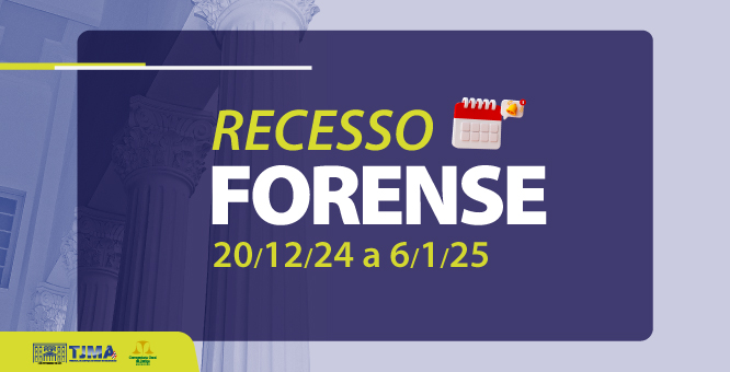 A imagem mostra um anúncio de recesso forense, indicando que ocorrerá de 20/12/24 a 6/1/25. O texto principal está em destaque com as palavras "RECESSO FORENSE" em letras grandes e claras. Há um ícone de calendário ao lado do texto. No fundo, há uma imagem de colunas de um edifício, possivelmente um tribunal. Na parte inferior esquerda, há logotipos de instituições ou organizações relacionadas ao anúncio.