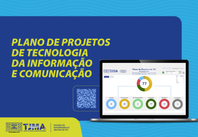 Claro, aqui está uma audiodescrição da imagem:

A imagem mostra um design gráfico moderno e informativo, com foco em um "Plano de Projetos de Tecnologia da Informação e Comunicação".

Na parte superior, em destaque, está o título "PLANO DE PROJETOS DE TECNOLOGIA DA INFORMAÇÃO E COMUNICAÇÃO", escrito em letras amarelas garrafais sobre um fundo azul. Logo abaixo, em letras menores e em branco, lê-se "TIMA Plano de Projetos de TIC". No canto inferior direito, há um logotipo da TIMA, com um design geométrico em branco e amarelo, e a inscrição "DIVISÃO DE GOVERNANÇA E GESTÃO DE TIC" em letras brancas.

No centro da imagem, há um laptop cinza aberto, com a tela exibindo um painel de controle de projetos. Este painel mostra um grande círculo com o número "77" em destaque, representando provavelmente a porcentagem de conclusão do projeto. Abaixo do círculo, há várias barras horizontais com números e pequenos círculos coloridos, indicando diferentes aspectos do projeto, como "Escopo", "Risco", "Custo", "Prazo", "Benefícios" e "Partes Interessadas".

No canto inferior esquerdo, há um QR Code em preto e branco, com a inscrição "DIVISÃO DE GOVERNANÇA E GESTÃO DE TIC" logo abaixo. No canto inferior direito, há um selo comemorativo "2022-2024" em azul e branco