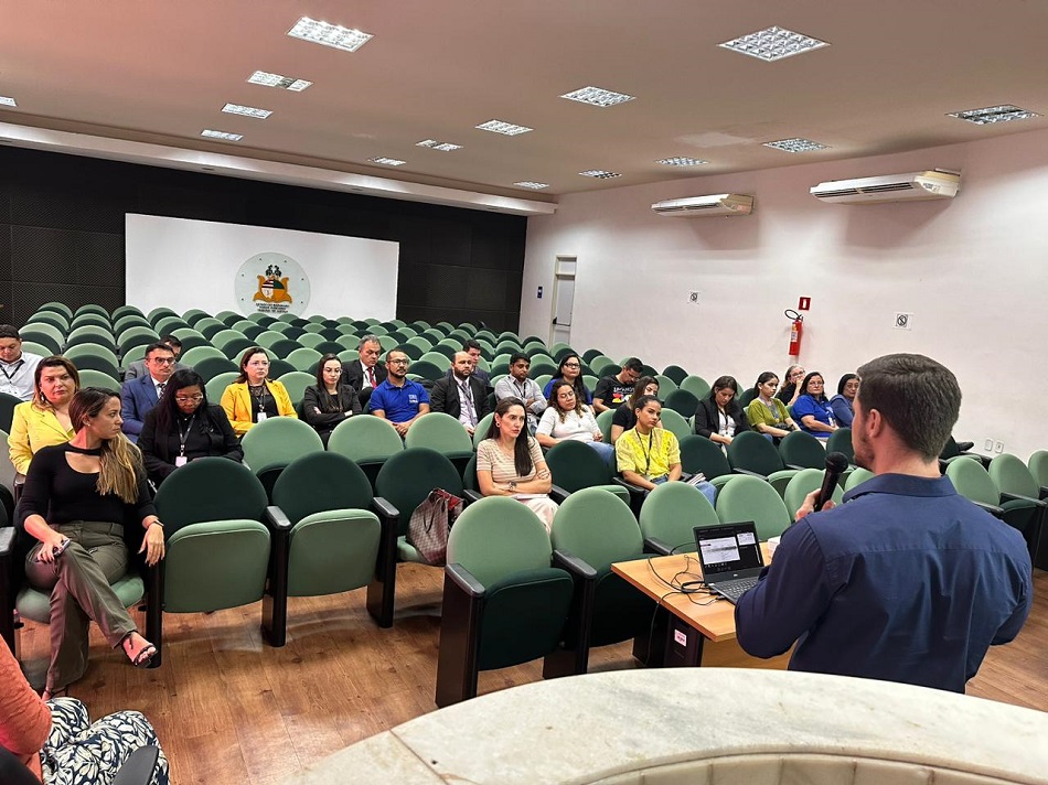 Foto a partir da frente de auditório, onde servidores e servidores estão na plateia, e à frente, homem em pé de costas realiza apresentação