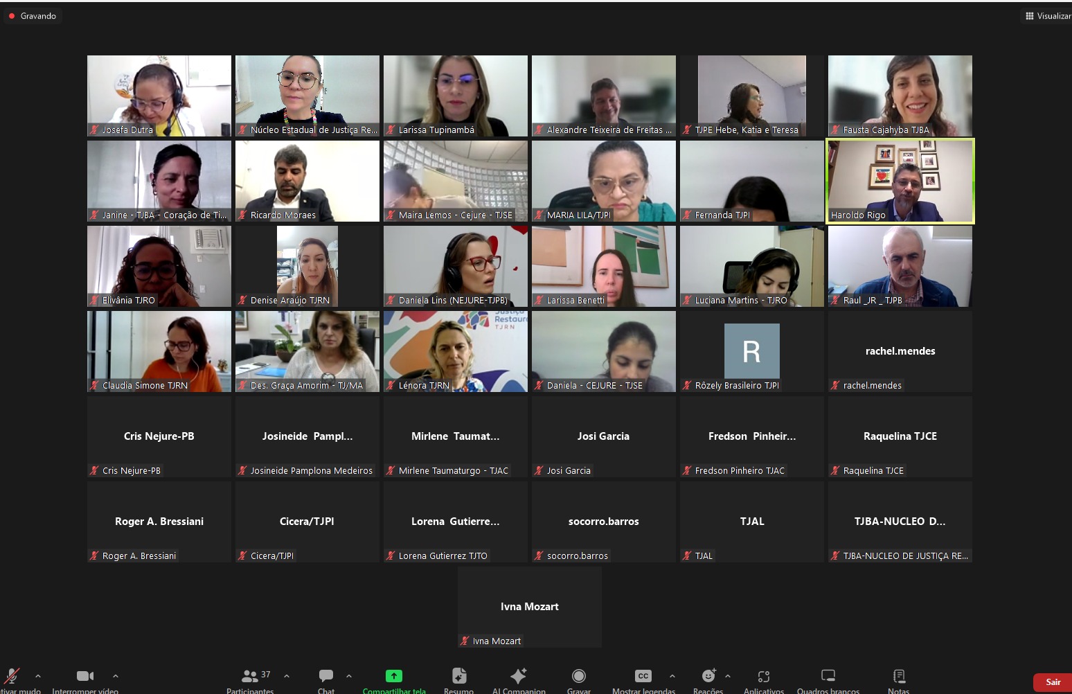 A imagem mostra uma captura de tela de uma reunião virtual com vários participantes. Cada participante é representado por um quadro separado, alguns com feeds de vídeo ao vivo. A parte central da imagem está destacada, indicando que alguém está compartilhando sua tela. Essa imagem representa um ambiente de trabalho remoto ou colaboração virtual