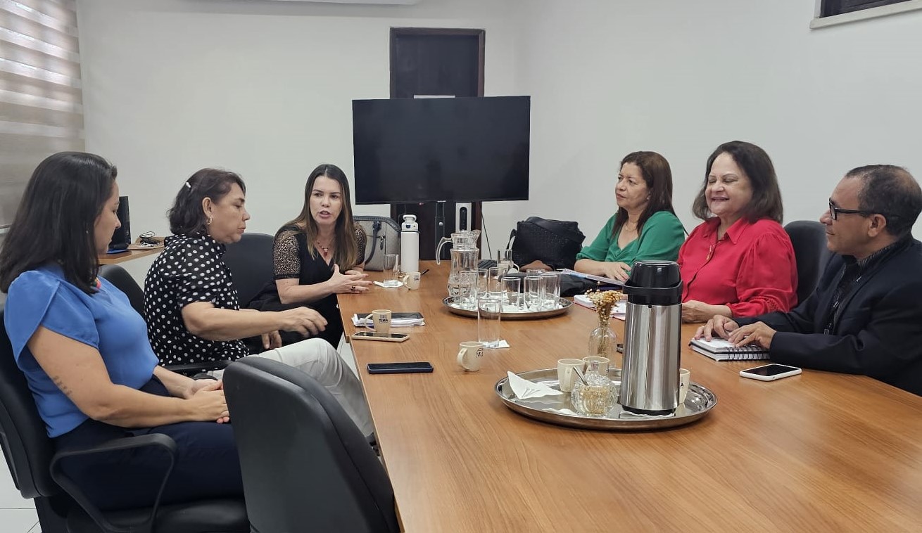 Foto horizontal, colorida, de seis mulheres e um homem sentados ao redor de uma mesa retangular em uma sala de reuniões. A mesa está equipada com copos, garrafas e uma garrafa térmica. Um monitor de TV está fixado na parede ao fundo da sala.