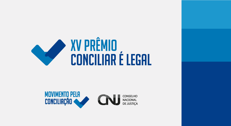 Card com fundo cinza claro, contendo na lateral direita as cores azul claro, azul e azul escuro. Texto: XV Prêmio Conciliar é Legal. Movimento pela Conciliação.