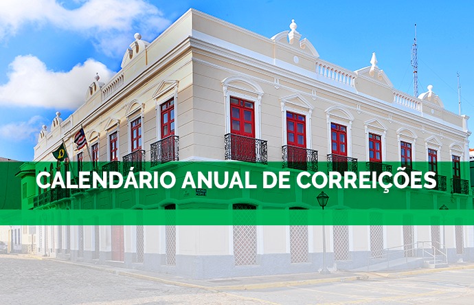 Ilustração mostra fachada do prédio da Corregedoria Geral da Justiça do Maranhão, na cor bege, com texto: calendário anual de correições