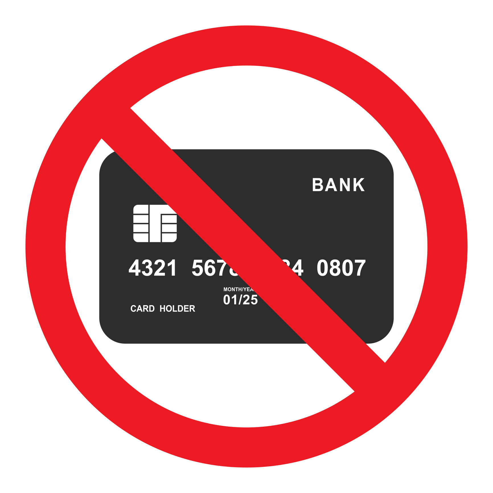 Ilustração nas cores preta e vermelha sobre fundo branco, de faixa de proibição sobre imagem de cartão de crédito.