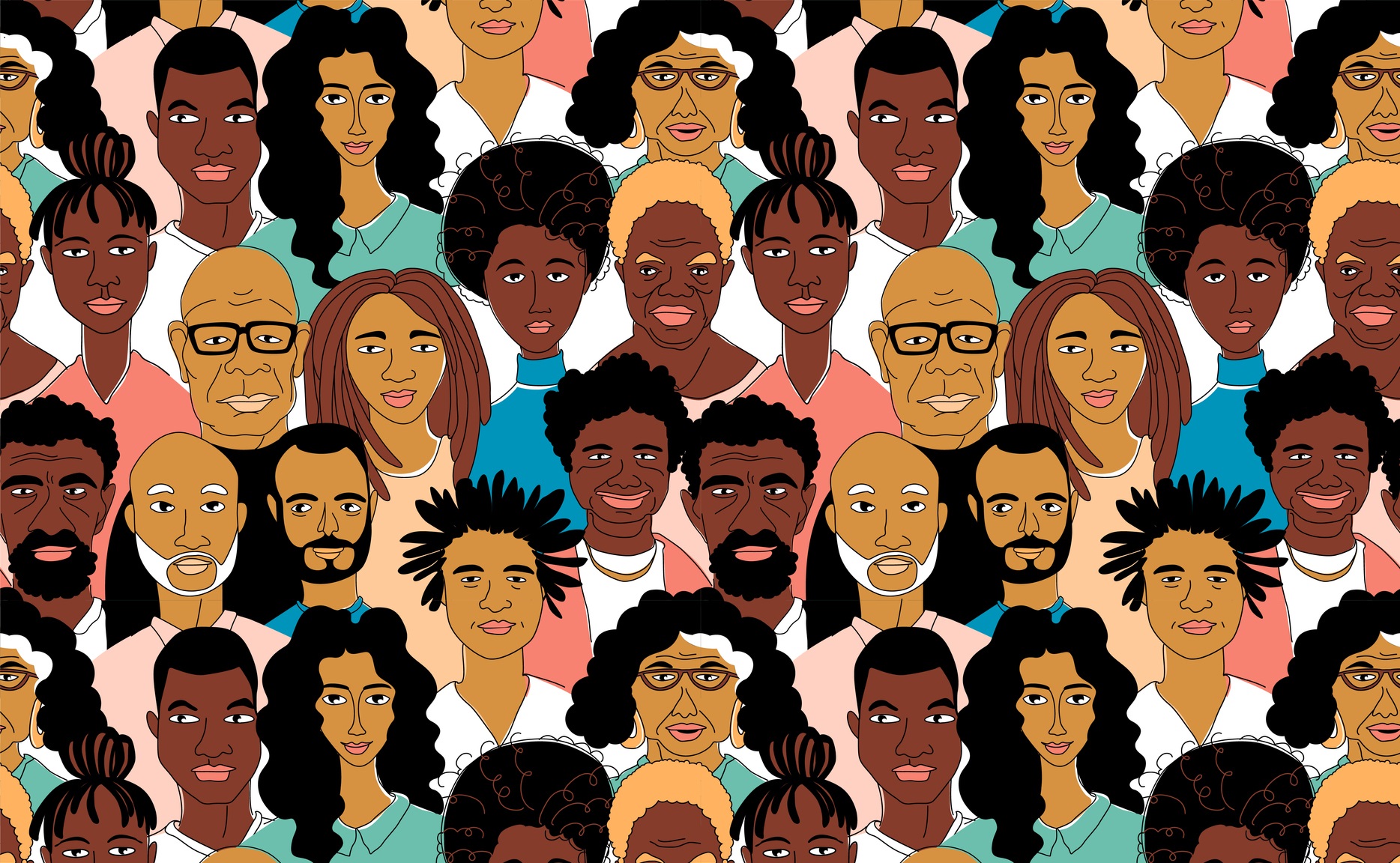 Ilustração de mosaico de rostos de homens e mulheres negras.