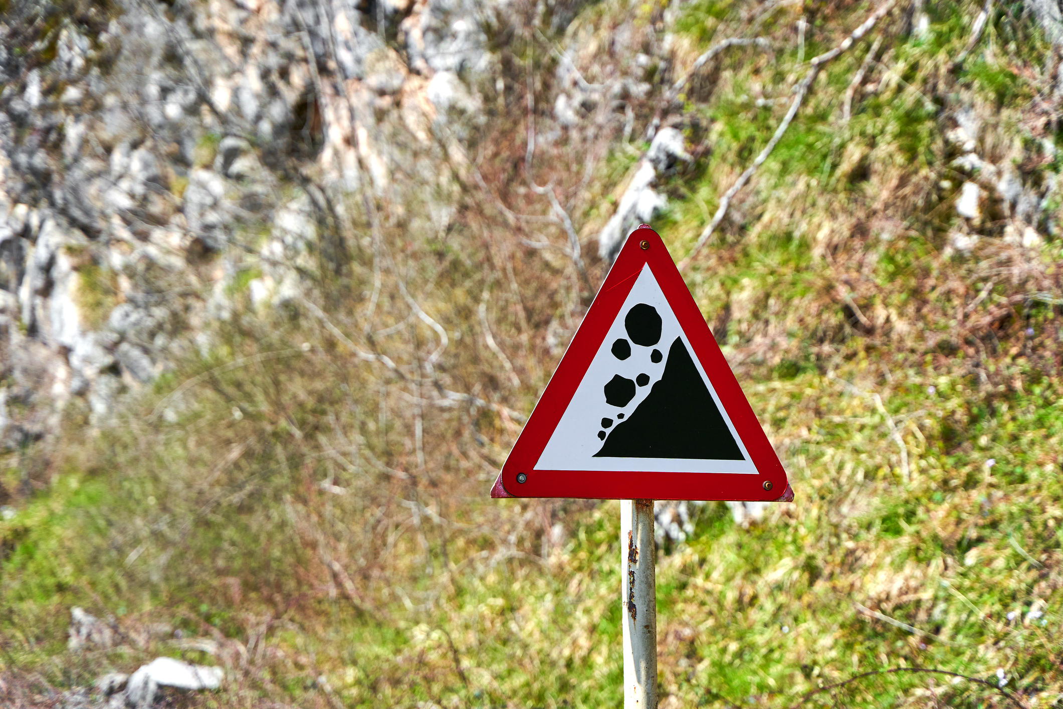 Foto horizontal de placa com aviso de risco de desabamento, nas cores prta e vermelha, e ao fundo, imagem de barreira com mato.