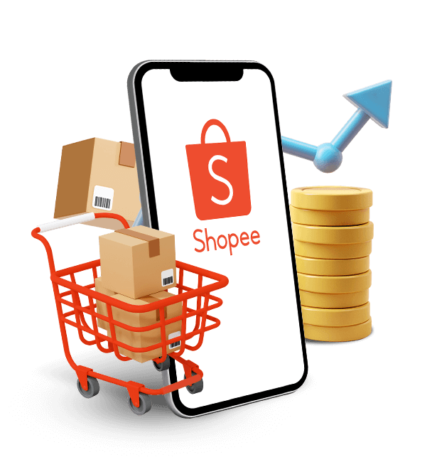 ilustração na qual aparecem varios pacotinhos de compras e a logomarca SHOPEE