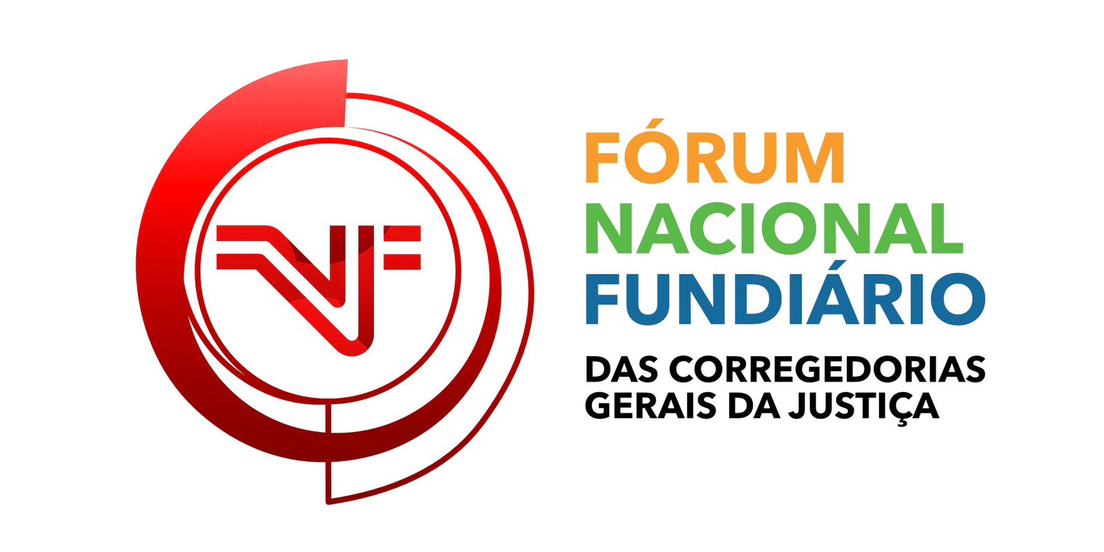 Logomarca do Fórum Fundiário Nacional, das Corregedorias Gerais da Justiça, em fundo branco, com letras nas cores, vermelho e verde, amarelo e azul.