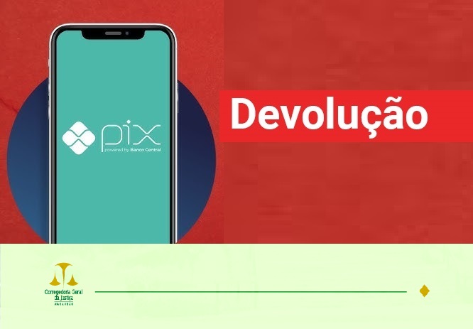 ilustração na qual aparece uma tela de celular com o aplicativo PIX, e a expressão DEVOLUÇÃO