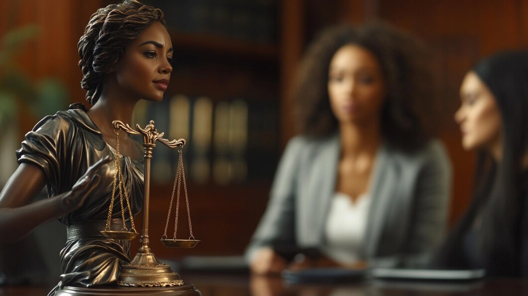 Imagem retangular, colorida, mostra, em primeiro plano, à esquerda, uma estátua de bronze da Deusa da Justiça, segurando uma balança. No fundo, à direita, há duas mulheres - negra e parda -, com rostos estão desfocados, sentadas em um escritório de advocacia ou tribunal. No fundo, também há estantes com livros.