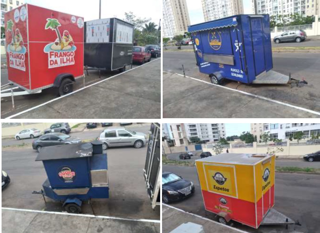 Imagem com quatro fotos coloridas de carrinhos de venda de alimentos parados em rua.