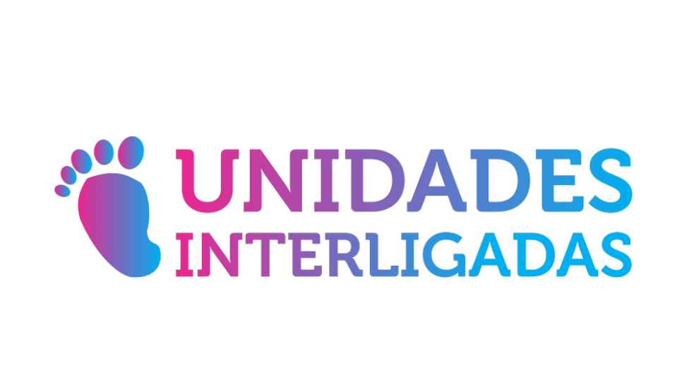 Logomarca em azul e rosa das Unidades Interligadas, com imagem de pezinhos de bebês.