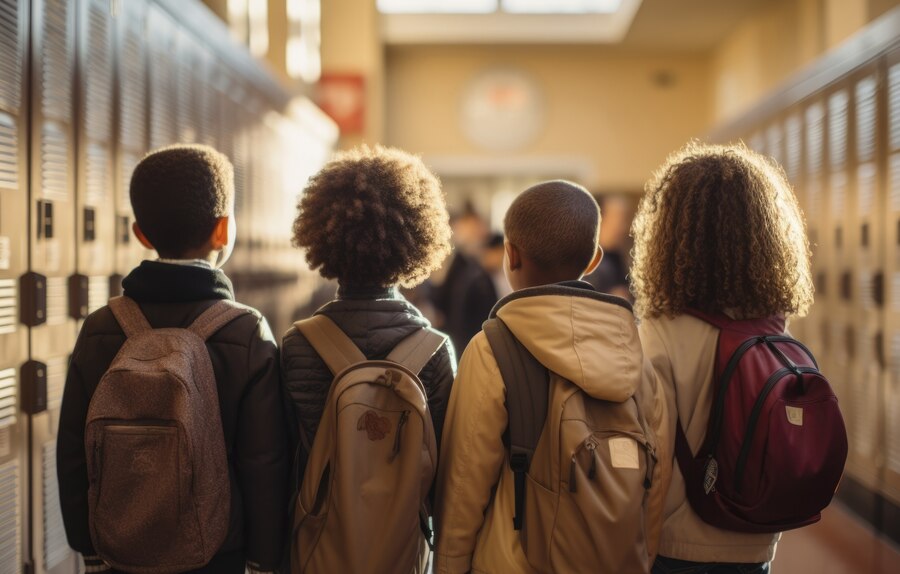 Imagem retangular, colorida, mostra quatro crianças negras de costas, com mochilas nas costas, em corregedor de escola. Nas alterais, armários para guardar livros.