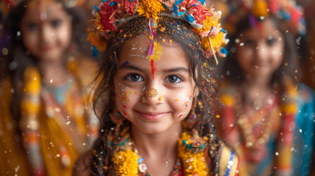 Imagem horizontal, colorida, mostra crianças vestindo trajes tradicionais coloridos e adornadas com coroas de flores. A pessoa em primeiro plano está usando uma coroa de flores com cores vibrantes, incluindo amarelo, vermelho e azul. Há partículas no ar, possivelmente de flores ou pó colorido, que adicionam um efeito festivo à cena.