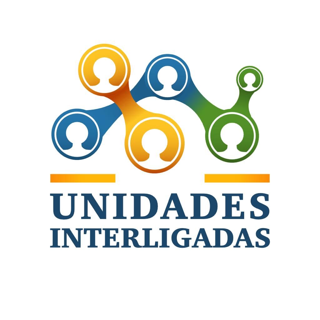 Logomarca Unidades Interligadas, com eixos interligados nas cores verde, amarelo e azul, simbolizando pessoas.