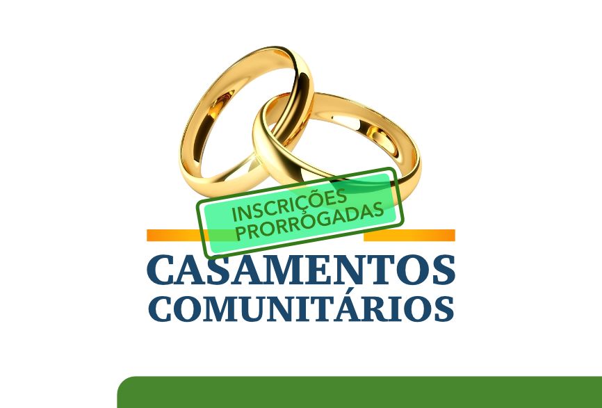 Ilustração do Projeto Casamentos Comunitários, nas cores laranja e azul marinho,com duas alianças douradas sobre fundo branco, com detalhe sobreposto escrito "inscrições prorrogadas", em fundo verde com letras pretas.
