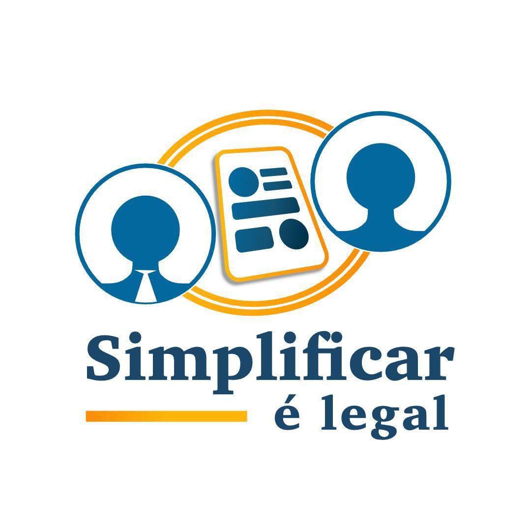 Ilustração em fundo branco com logomarca nas cores azul e amarela, com ícones de dois bonecos em círculo com documento ao centro. Texto: Simplificar é legal.