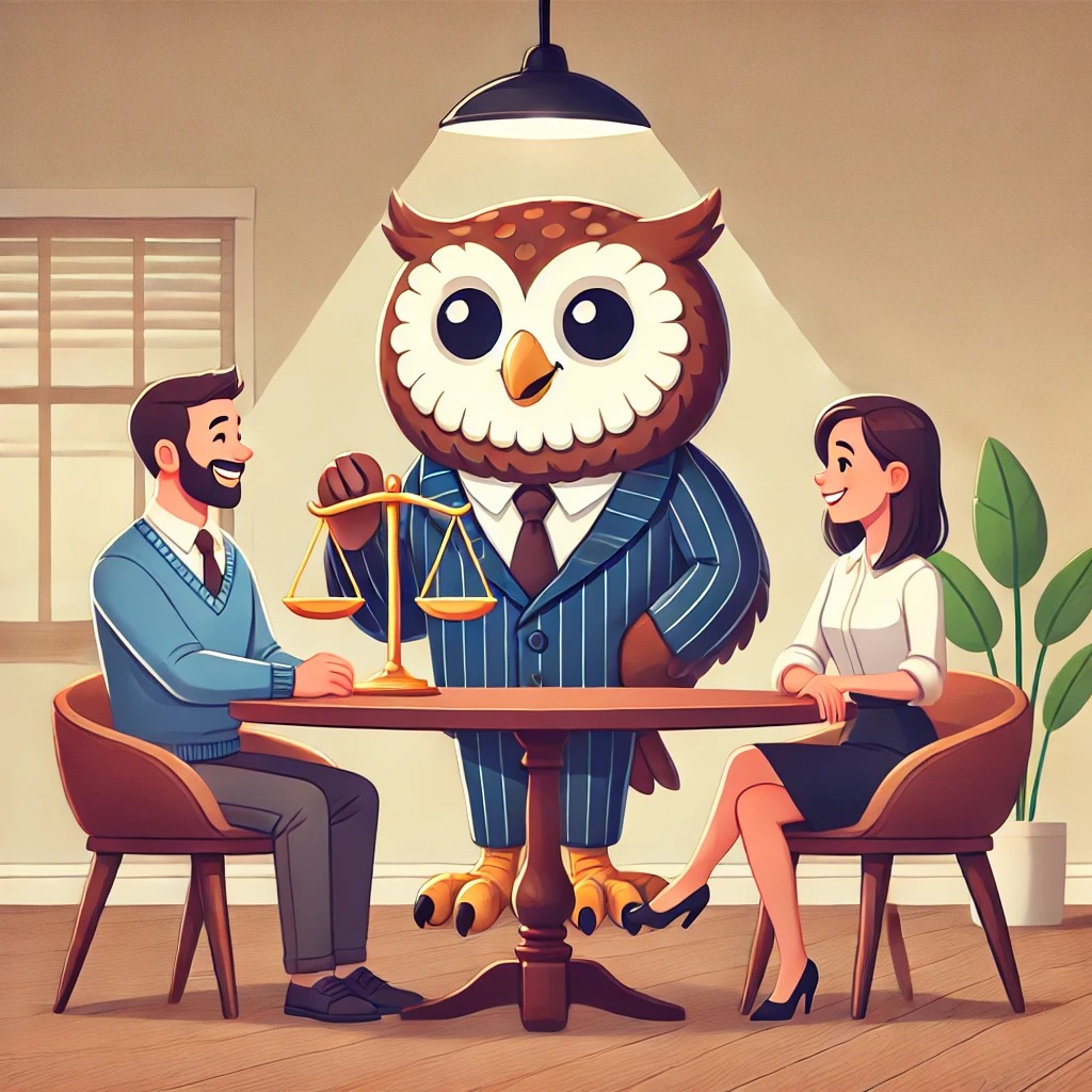Foto quadrada, colorida, criada por Inteligência Artifical, mostra um casal de homem e mulher, com uma mesa entre eles. De pé, ao fundo, um personagem de coruja vestido de terno azul, segurando uma balança na mão, em sala de trabalho com uma planta do lado direito e um mural do lado esquerdo.
