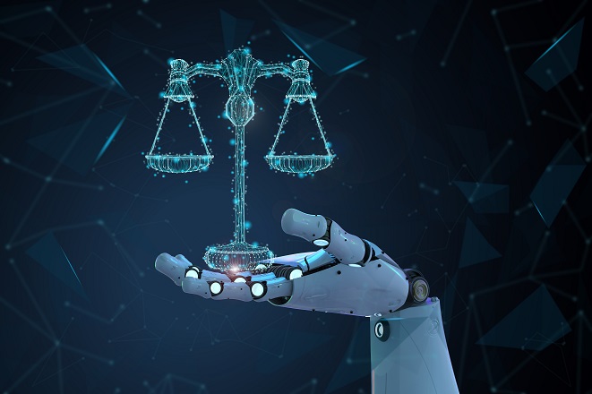 Imagem de mão robótica segurando balança judicial.