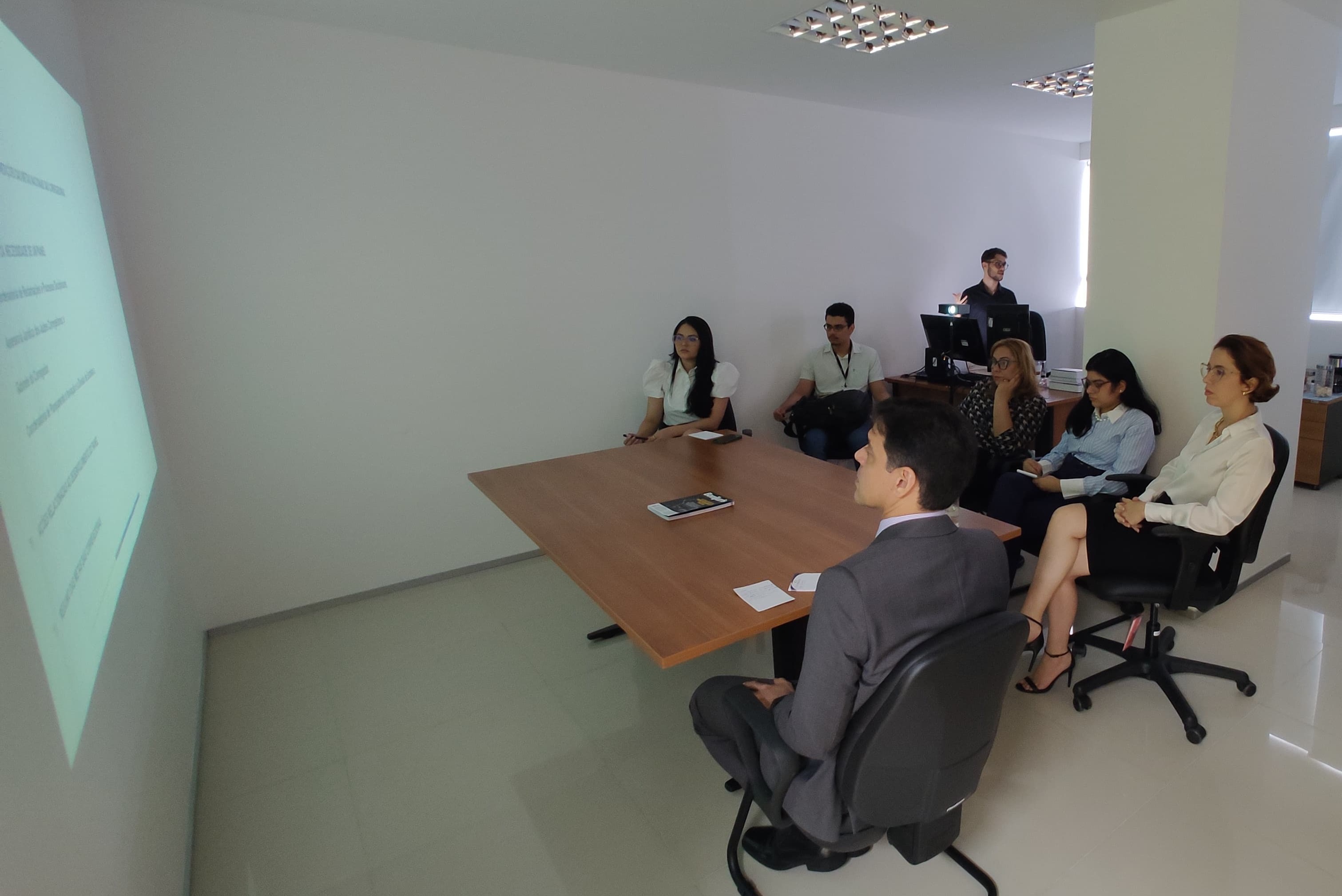 SEGUNDA FOTO RETANGULAR DE UMA SEQUENCIA DE QUATRO IMAGENS. MOSTRA VÁRIAS PESSOAS REUNIDAS EM TORNO DE UMA MESA DE REUNIÃO. ELAS ESTÃO TODAS SENTADAS E OLHAM PARA PAREDE, ONDE HÁ FEITA A PROJEÇÃO DE UMA APRESENTAÇÃO.