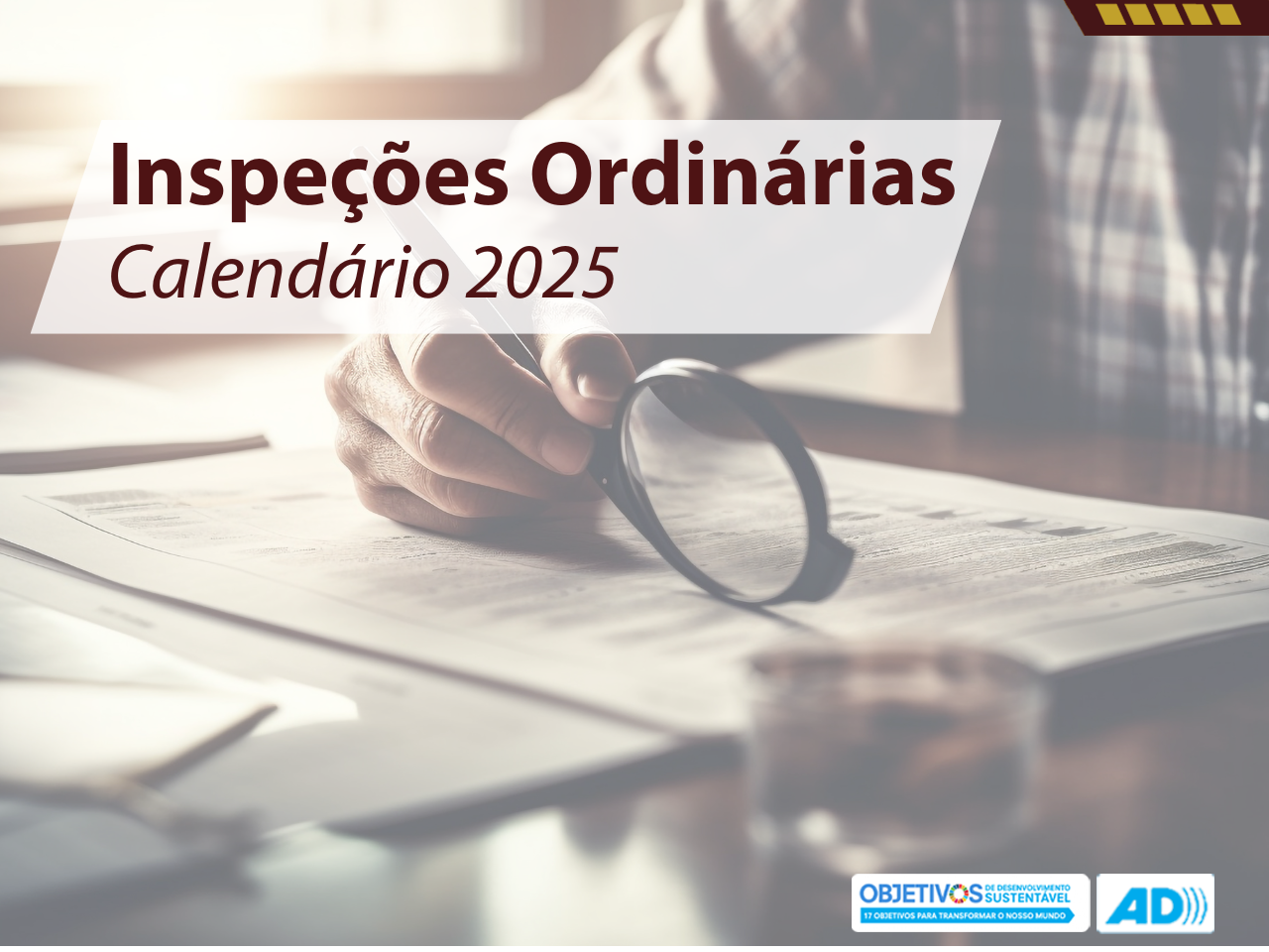COGEX DIVULGA CALENDÁRIO DAS INSPEÇÕES ORDINÁRIAS 2025. FOTO MOSTRA UMA MÃO SEGURANDO COM UMA LUPA SOBRE DIVERSOS DOCUMENTOS.