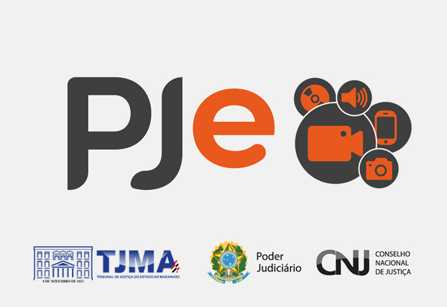 Logomarca colorida do sistema Processo Judicial Eletronico (PJe), com ilustração de dispositivos eletrônicos ao lado direito. Abaixo, as logomarcas do TJMA, do Poder Judiciário e do Conselho Nacional de Justiça (CNJ).